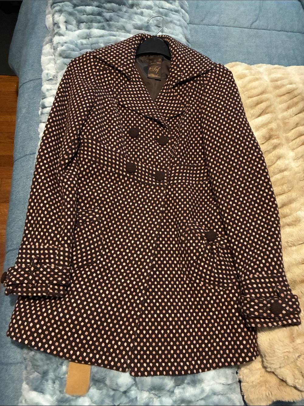 NWOT Zara Brown & Pink Pastel & Cream Polka Dot Double-Breasted Peacoat